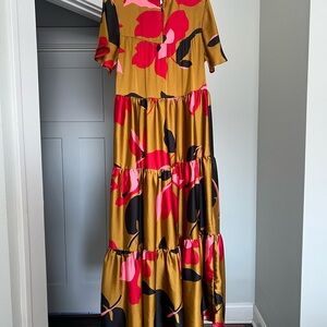 Anthropologie Gold Maxi Dress with Pink and Black Floral Print
